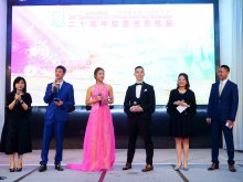 Masters of Ceremonies (from the left: Parent Ms. LAM Shui-shan , Chairperson of the Parent-Teacher Association Mr. CHAU Wai-sheung, Mario, alumnus Ms. CHAN Yeuk-lam, Kelly, alumnus Mr. TSOI Wai-kit, Ms. KWOK Ka-wei and Mr. LIU Chi-yung)