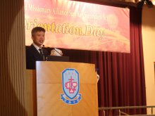 Principal Mr. HO Chun-yan delivers his welcoming speech to freshmen and their parents
