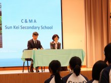 Ms. TAKAMASU, Principal of the Secondary Section of Hong Kong Japanese School, delivering the welcome speech with Principal Mr. HO Chun-yan
